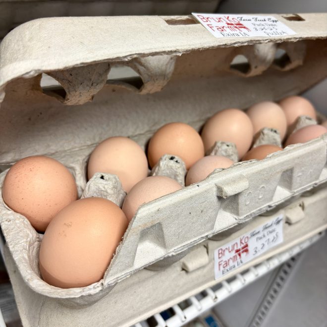 A dozen brown eggs from Brun Ko Farm